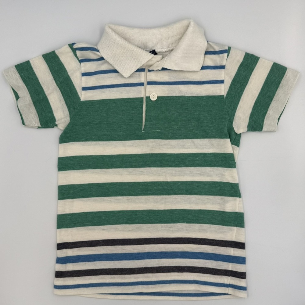 VTG 80s Wonderknit Boys Striped Polo Sz 8 Green‎ White Blue S/S Made in USA